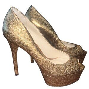 Brian Atwood Bronze Bambola Crinkled Gold Platform Stiletto Peep Toe Pumps Sz 5.